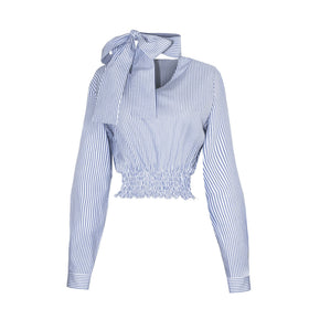 Loose Striped Lace-up Bow Tunic Long Sleeve