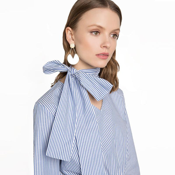 Loose Striped Lace-up Bow Tunic Long Sleeve