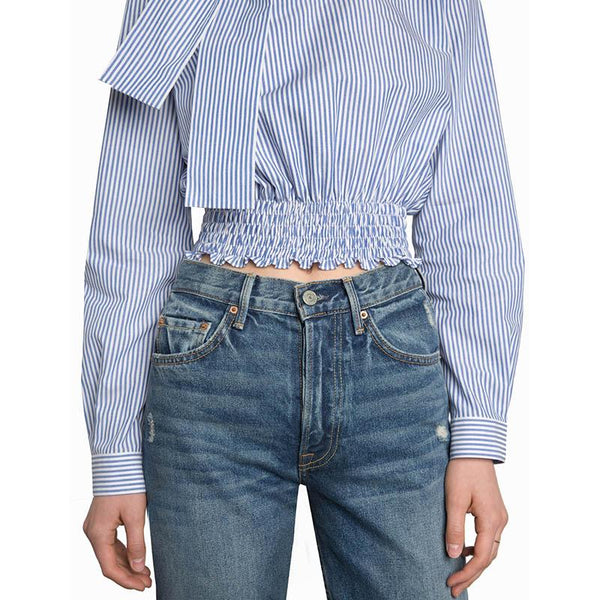 Loose Striped Lace-up Bow Tunic Long Sleeve